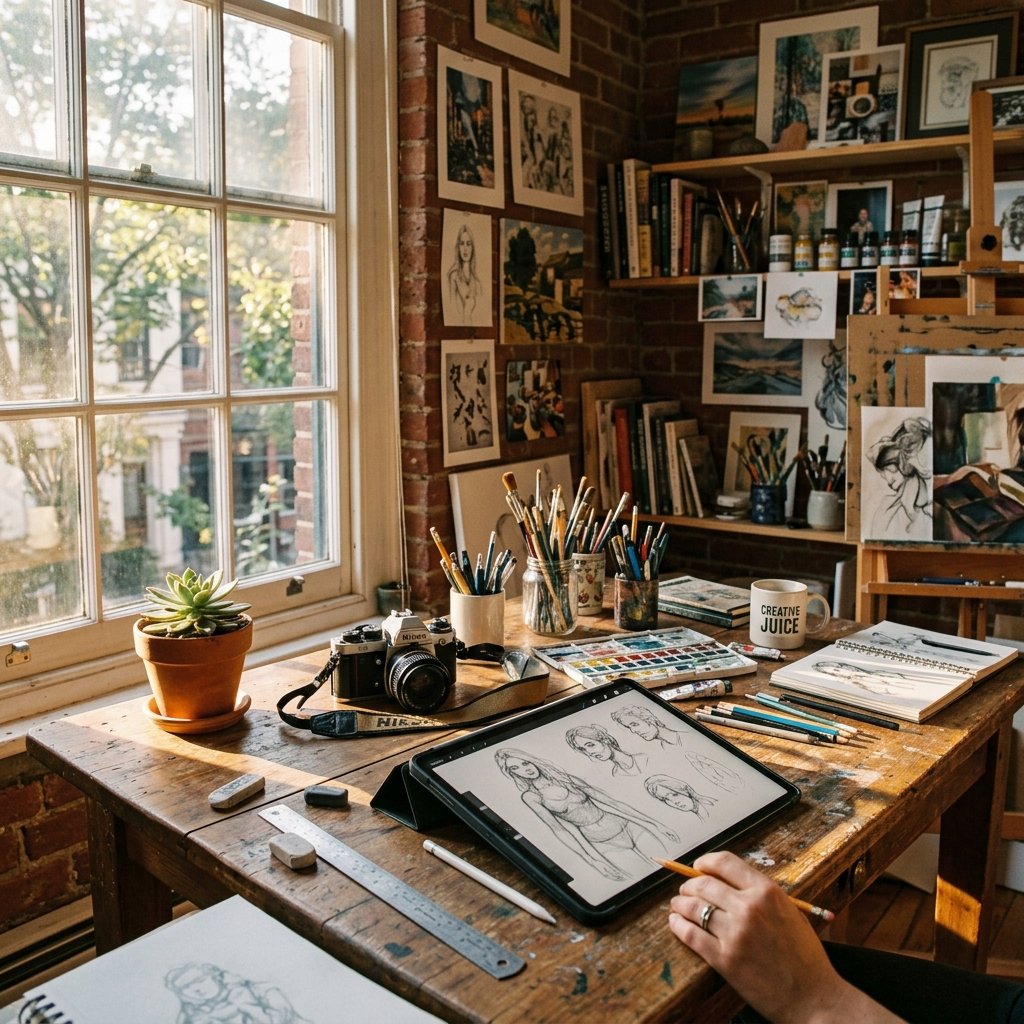 High-end creative studio with various design tools and a tablet showing a random prompt