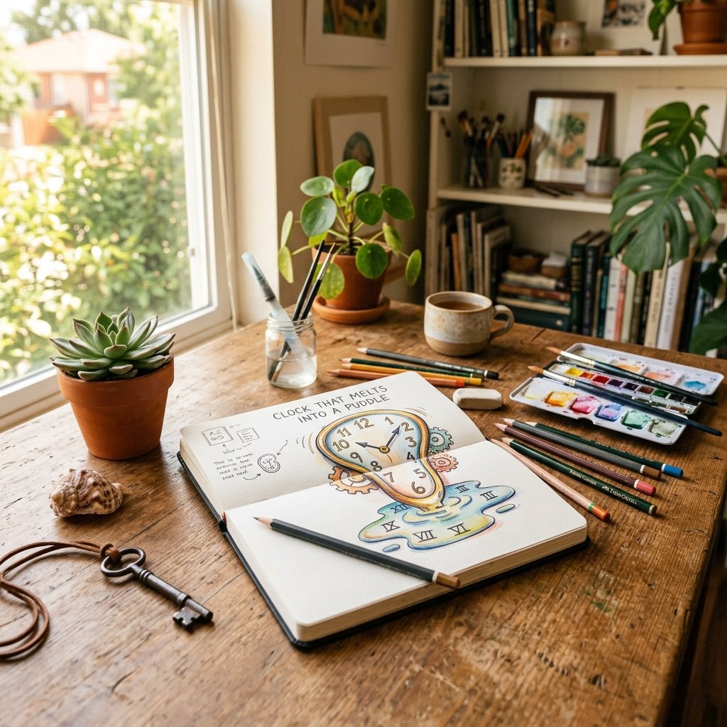 A cozy artists studio with random drawing ideas and sketches