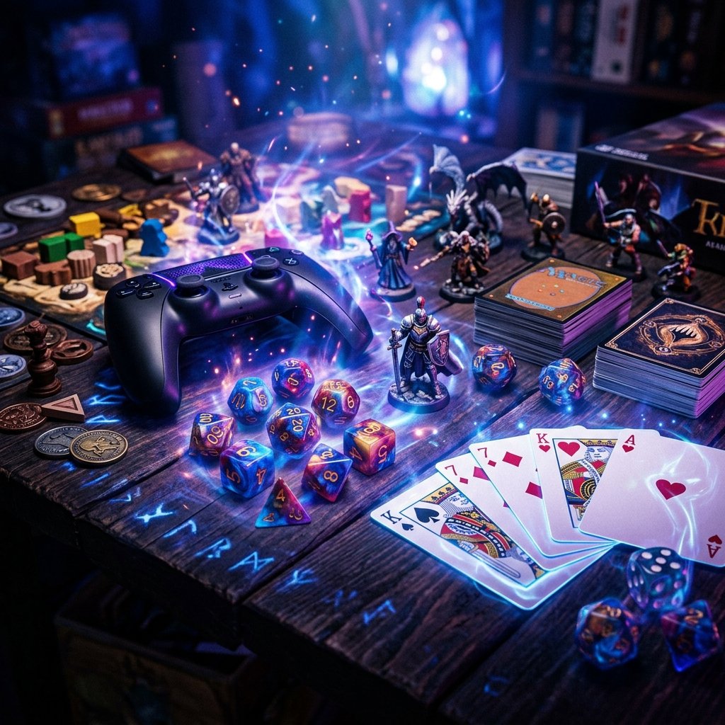 High-quality board game pieces and dice with a magical glow