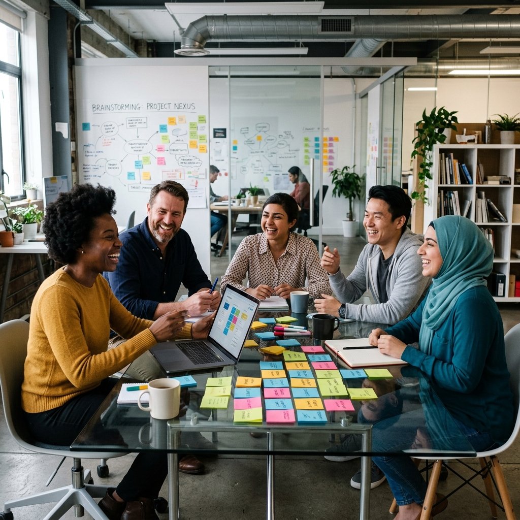 A group of people laughing and collaborating in a high-energy workshop