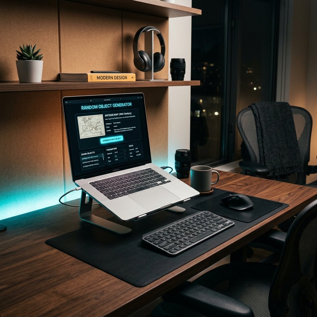 Sleek laptop with random object generator interface, representing high-quality digital tools