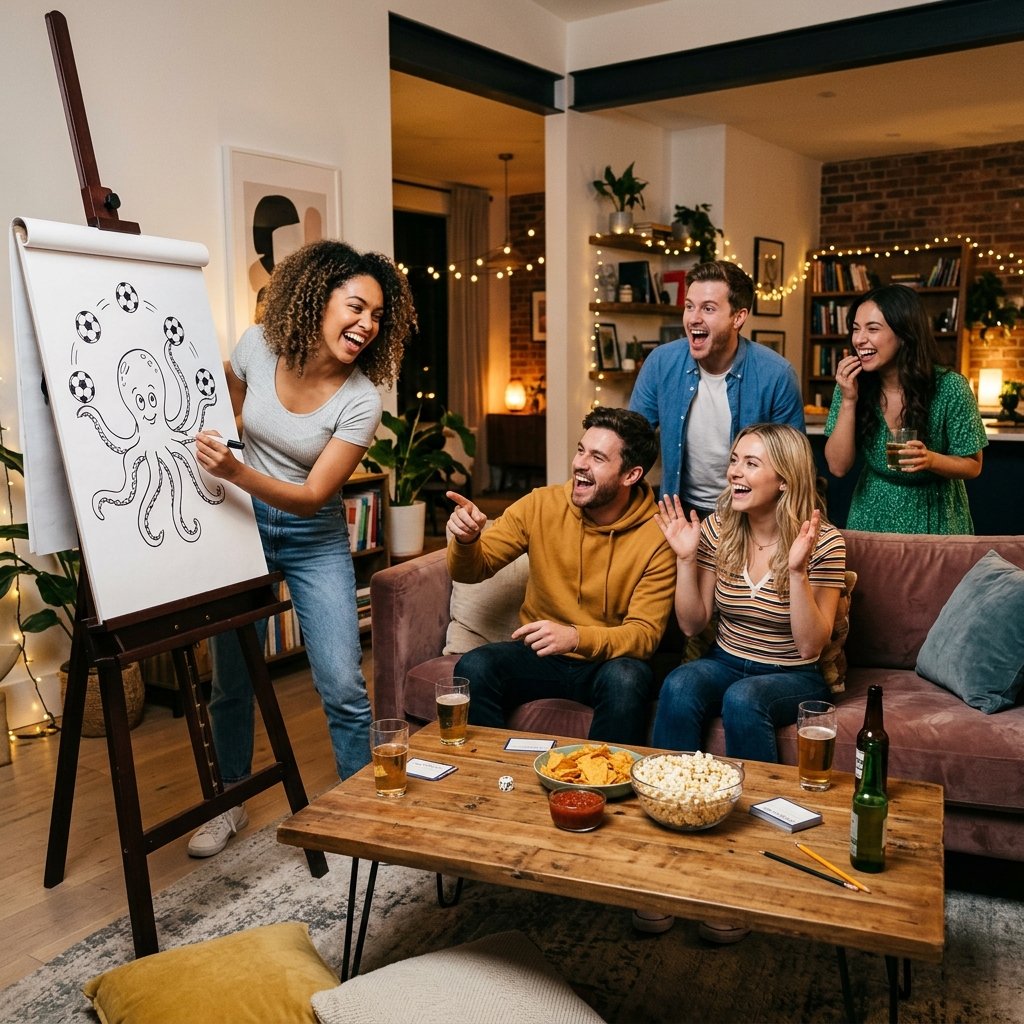 A lively group of friends playing Pictionary at home
