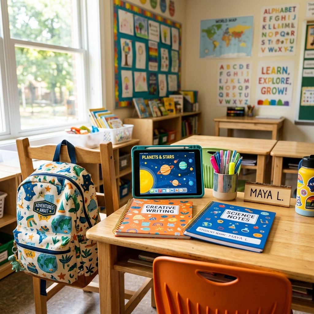 A modern classroom desk with learning materials and a student tablet showing a random prompt